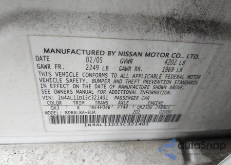 2005 Nissan Altima 2.5 S from USA, damaged, VIN 1N4AL11D15C321401